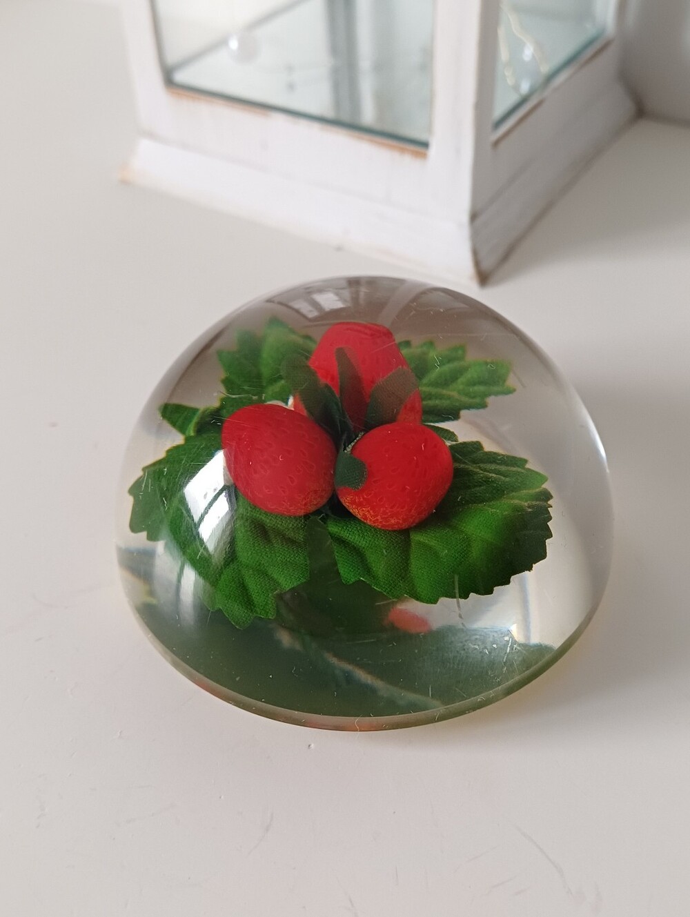 Lucite With Strawberries Paper Weight 3"